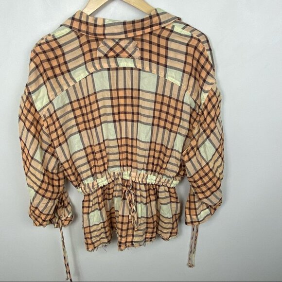 Free People Pacific Dawn Plaid Shirt Drawstring Size Small Brown Boho Top Button - Picture 5 of 11